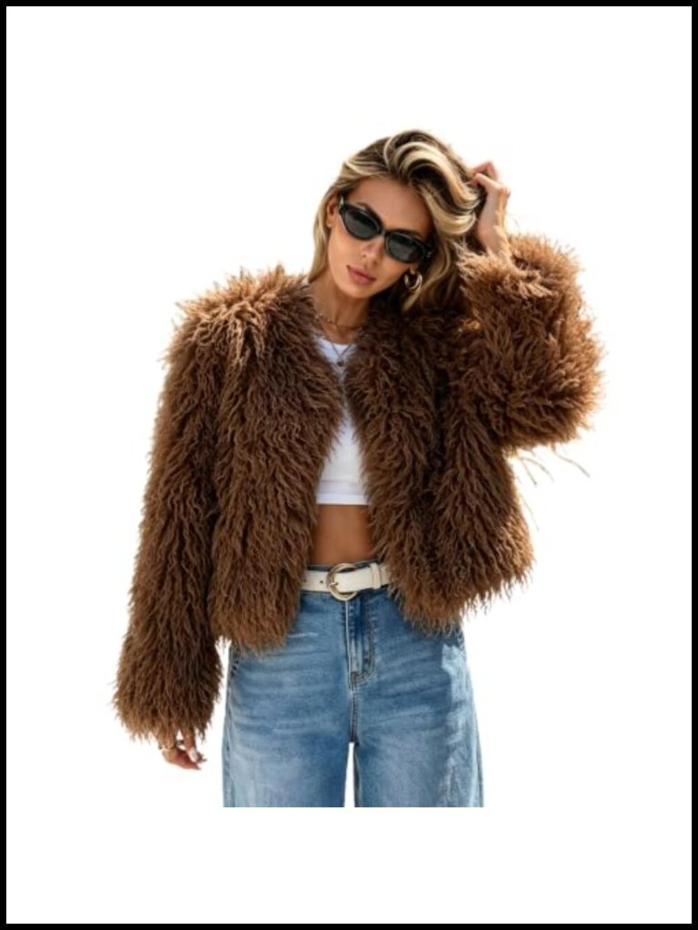 Cropped Shaggy Faux Fur Jacket Open Front Fluffy Coat Long Sleeve